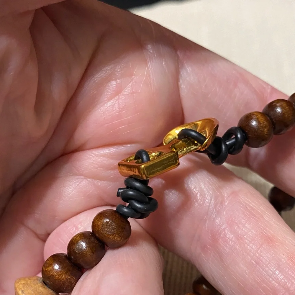 Brown two tone wood Beaded 8” long Bracelet with Gold anchor and loop Clasp